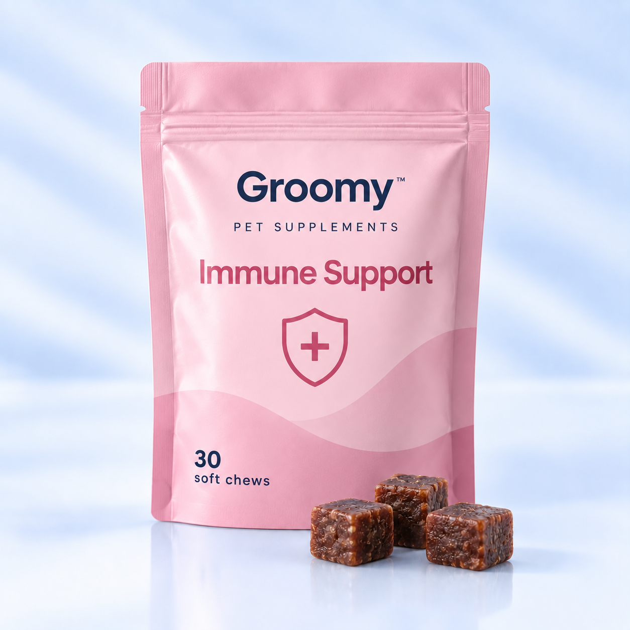 Groomy Immune Support Soft Chews soft chews pouch with three chews.