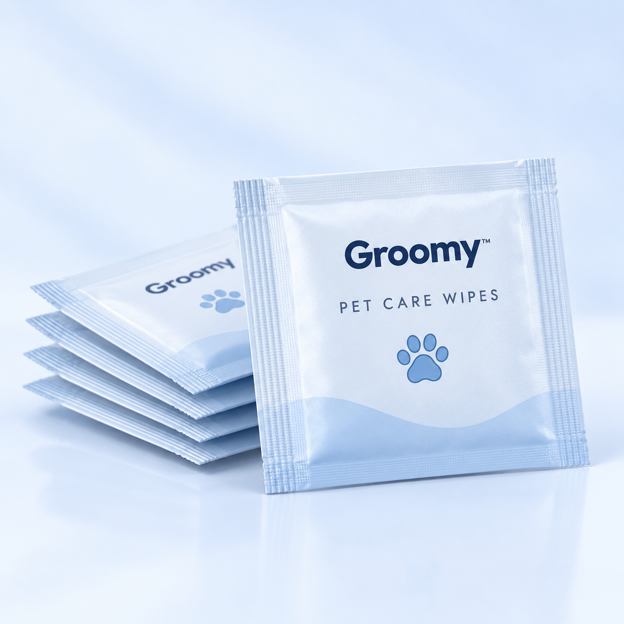 Groomy individually sealed pet care wipes.