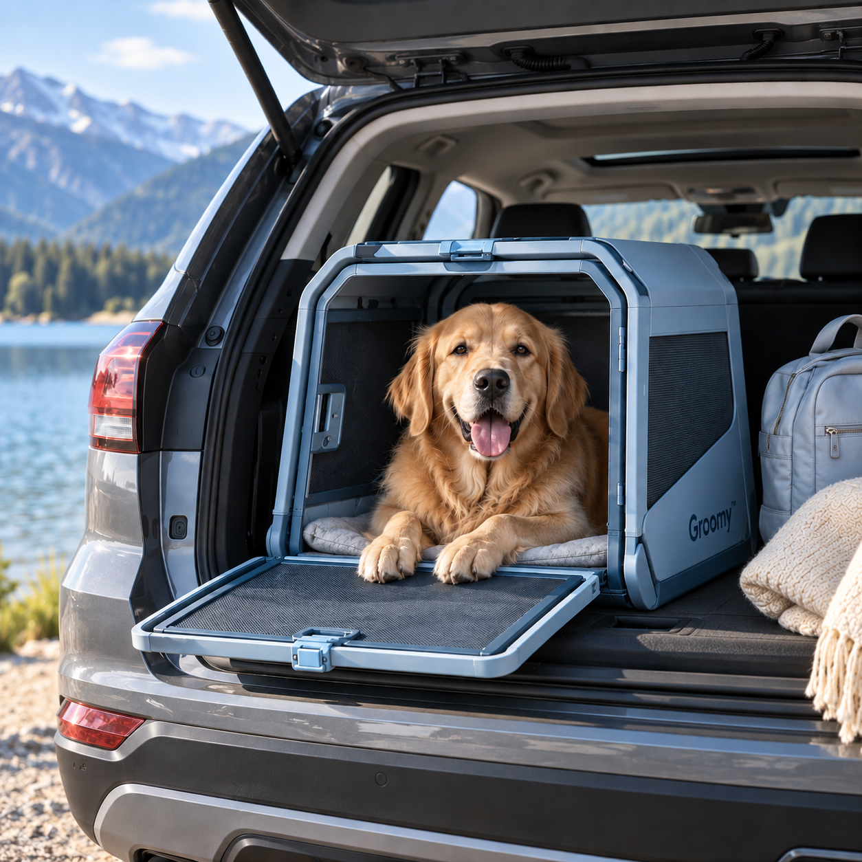Golden retriever resting in the Groomy pet carrier in the back of an SUV.
